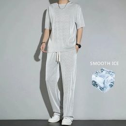 Ice Silk Sports Set Mens Summer Thin Tracksuit Men Casual Long Pants Short Sleeve Tshirt Quick Drying Clothes Sets 240409