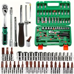 72 teeth / 53 pcs Drive Socket Set, SAE and Metric Hex Bit Socket Set, Ratchet Wrench Set with Mechanic Tool Kits for Auto Repai