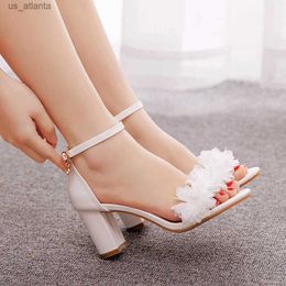 Dress Shoes Crystal Queen White Women Flower Sandals Summer Wedding Bride Black Thick Heels Party Fashion Open Toe Pumps H240409