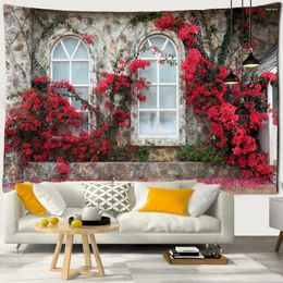 Tapestries 3D Retro Street Flowers Window Tapestry Wall Hanging Home Decoration European Town Plants Garden Background Cloth