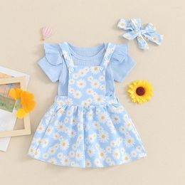 Clothing Sets Baby Girl Summer Outfit Solid Ribbed Short Sleeve Romper Top Floral Suspender Skirt Set Cute Born Clothes
