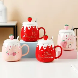 Mugs Net Red Strawberry Ceramic Cup With Lid And Spoon Cute Student Water Creative Gift Mug Coffee