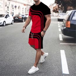 mens 3D letter line splicing outdoor vacation casual street wear round neck short sleeved Tshirt shorts sports set of 2 pieces 240409