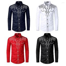 Men's Casual Shirts Fashion Embroidered Shirt Retro Western Cowboy Style Long Sleeve Button Lapel Collar Slim Top