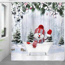 Shower Curtains Christmas Curtain Happy Snowman Snowflakes Xmas Tree Winter Holiday Bath Fabric Bathroom Decor With Hooks