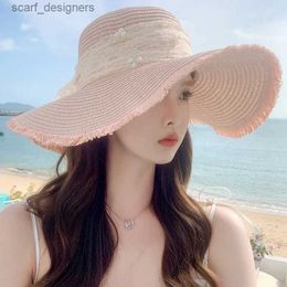 Wide Brim Hats Bucket Hats Korean Style Woman Straw Gauze Joint Bow Ribbon Large Brim Sunshade Ins Celebrity Outing Fashion Beach Holiday Glacier Hat Y240409