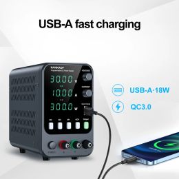 Adjustable DC power supply with 4-digit LED display; 5V/3.6A USB fast charging with 3-group memory with encoder adjustment