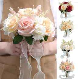 Decorative Flowers Wedding Artificial Rose Bouquet Ribbon Bowknot Green Leaves Realistic Elegant Bridal Fake Flower Party Supplies