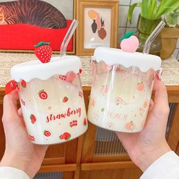 Wine Glasses Cute Strawberry Peach Glass Cup For Coffee Water Juice Milk Tea Creative Fruit Portable Cups With Lid Straw Scale Handle
