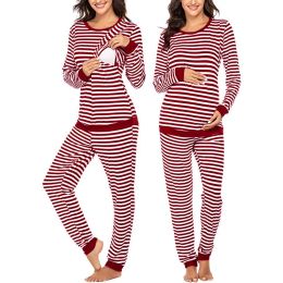 Long Sleeve Pregnant Pajamas Set Women Maternity Long Sleeve Nursing T-Shirt Tops+Striped Pants Pajamas Set Home Pajama Set