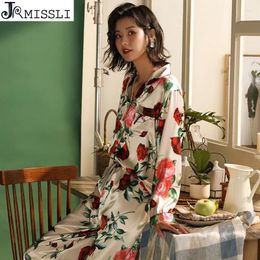 Home Clothing JRMISSLI Plus Size Silk Sexy Rayon Pyjamas Suit Shirt Rose Flower Print Sleepwear High Quality Women Pajama Set Homewear