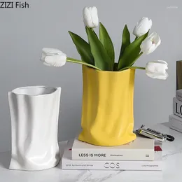 Vases Nordic Home Decoration Art Creativity Pleated Cloth Bag Vase Handicraft Dining Table Ceramic Flower Arrangement Accessories