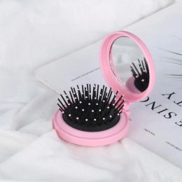 Portable Round Pocket Comb Small Travel Massage 5 Colours Folding Comb Girl Hairbrush With Mirror Styling Tool