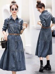 Casual Dresses Women's Mid Length Denim Dress With Belt Spring Autumn Retro Style Waist Slim Fit Sleeves Show Thin