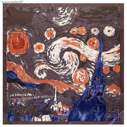 Shawls 130cm New Van Gogh Starry Sky Oil Painting 2021 Brand Scarf Twill Silk Square Scarf Womens Kerchief ShawlL2404L2404