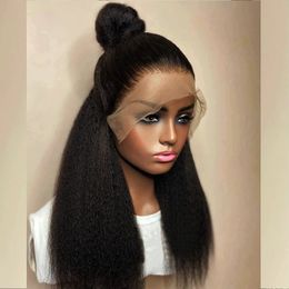 Long Soft Yaki 32 Inch 200density Soft Black Kinky Straight Lace Front Hair Wig Synthetic Preplucked Hairline With Baby Hair