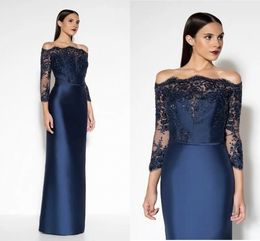 2024 Elegant Navy Blue Formal Evening Dress Boat Neck 3/4 Sleeves Lace Appliques Satin Prom Pagenat Party Gowns Robe De Soiree
