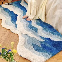 Carpets Blue Sea Wave Thick Flocked Carpet Fluffy Soft Tufted Bedroom Room Bedside Mats Decor Non-Slip Absorbent Entrance Door Floor Mat