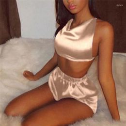 Home Clothing Sleeveless Satin Halter Cami And Shorts Pyjama Set Blue Champagne V Neck Sexy Sleepwear