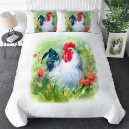 Chicken Duvet Cover King Queen Size Watercolour Rooster Bedding Set for Kids Teens Adults Farm Animal Polyester Comforter Cover