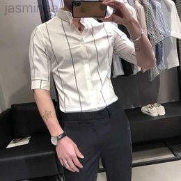 Men's Casual Shirts Fashion Men Shirt Elastic Korean Version Trend Striped Long-Sleeved Shirt Basic Hot Free Casual Dress Short-Sleeved Shirt A3410 2449