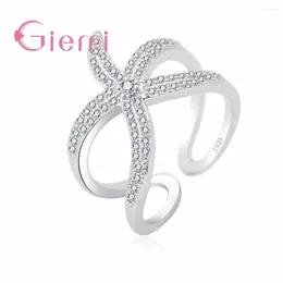 Cluster Rings Top-Rated 925 Sterling Silver Brand Jewelry Paved Full White CZ Zircon Stone Cute Seastar Adjustable For Girls