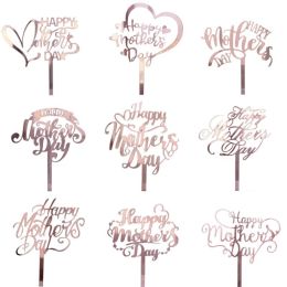 10PCS Happy Mother's Day Acrylic Cake Toppers Art Fonts Design Gold Rosegold Love Heart Cupcake Toppers Flag Party Decoration