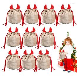 Christmas Decorations Drawstrings Bag 10 Pieces Small Candy Bags Cute Storage With Antlers Decor Velvet Gift Party Favour