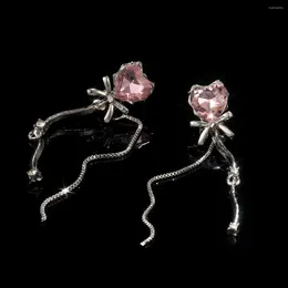 Stud Earrings 17KM Y2K Pink Heart Long Tassels For Women Girls Fashion Sweet Bow Shiny Dangle Earring Party Jewelry Gifts Trend