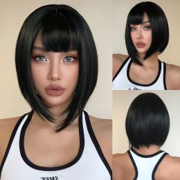 Short Natural Bob Wig with Full Bangs Black Short Straight Women Synthetic Wig High Temperature Daily Party Cosplay Fake Hair
