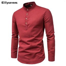 Men's Casual Shirts Long Sleeve Shirt Fashion Spring Summer Tops Chinese Minimalist Style Solid Color Stand Collar Cotton SlimFit