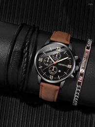 Wristwatches 3pcs Fashion Business Calendar Men's Vintage Brown Belt Quartz Watch With Bracelet Set