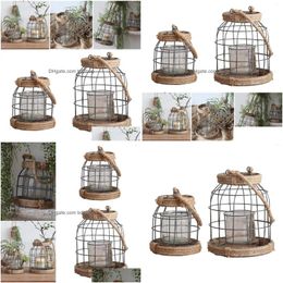 Candle Holders Rustic Metal Lanterns Hanging Lantern Porch Light Cage Holder Drop Delivery Home Garden Dhhxv