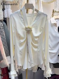 Women's Blouses Three-Dimensional Flower Bell Sleeve Shirts 2024 Spring Fashion Slim Pleated Long Underwear Blouse Elegant Tops
