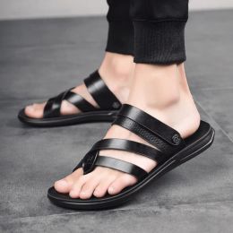 Boots Outdoor Beach Shoes Men Flip Flops Fashion Breathable Summer Light Genuine Leather Casual Shoes Slides Black Sandal Men