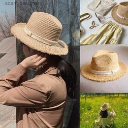 Wide Brim Hats Bucket Hats New Straw Hat Fur Edges Spring Summer Outdoor Sunshade Beach Sun Protection Lafite Grass Flat Edge Panama Elegant Women Hat 63cm Y240409