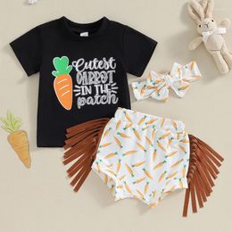Clothing Sets Toddler Baby Girls Easter Clothes Carrot Print Short Sleeve T-Shirt And Elastic Shorts Headband Set Summer Outfits