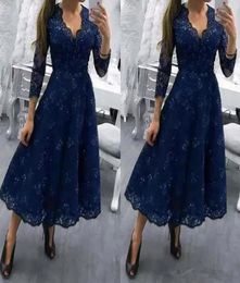 Tea Length Plus Size Mother Of The Bride Dresses V Neck 34 Long Sleeves Lace Formal Wedding Guest Gowns A Line Evening Dress3137452