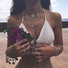 Pendant Necklaces Summer Beach Jewellery Fashion Fatima Hamsa Hand Feather Necklace Multilayer Long Chains Vintage