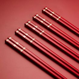 5pairs Chinese-style Red Alloy Chopsticks,slip Heat-Resistant Non-mold Chopsticks, Wedding Banquet Holiday Party Supplies