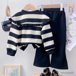 Clothing Sets Girls Long Sleeve Set Autumn and Winter New Girls Large Lapel Pleated Stripe Top+Bell-bottoms Two Piece Girls Set