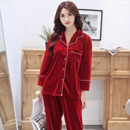 Home Clothing Autumn Fashion Solid Colour Gold Velvet Lapel Shirt Trousers 2 Piece Sets Pyjamas Suit Women Warm Casual Mature Femal Nightwear