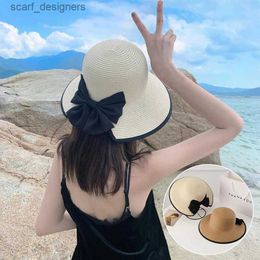 Wide Brim Hats Bucket Hats RICYGVM Summer Womens Sunshine Straw Hat Sweet Ribbon Bow Womens Sun Protection Basin Hat Womens Big Brim Fisherman Hat Y240409