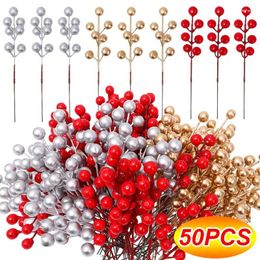 Decorative Flowers 10/50PCS Artificial Christmas Berry Red Gold Fake Berries Branch DIY Garland Xmas Tree Ornament Home Table Decor Fruit