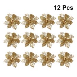 Decorative Flowers 12 Pcs Glitter Poinsettia Hollow Artificial Christmas Ornaments Xmas Tree Hanging Pendant (Golden)