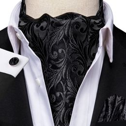 HiTie Silk Black Mens Ascot Tie Pocket Square Cufflinks Set Jacquard Woven Cravat for Male Groomsmen Wedding Business Events240409