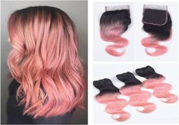 Brazilian Human Virgin Hair Two Tone 1b Rose Red Hair Bundles With Lace Closure Ombre Pink Hair With Closure 44 Lace Top Closure4813536