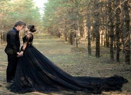 Black Bridal Gowns Country A Line Wedding Dresses V Neck Lace Tulle High Split Gothic Sweep Train Long Sleeve Plus Size5205012