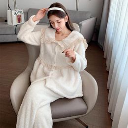 Home Clothing Turn-down Collar Sleepwear Women Coral Fleece 2PCS Pyjamas Suit Long Sleeve Flannel Intimate Lingerie Pyjamas