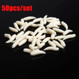 50Pcs 1.6cm PVC Maggot Grub Soft Baits Worms Ivory Fishing Lure